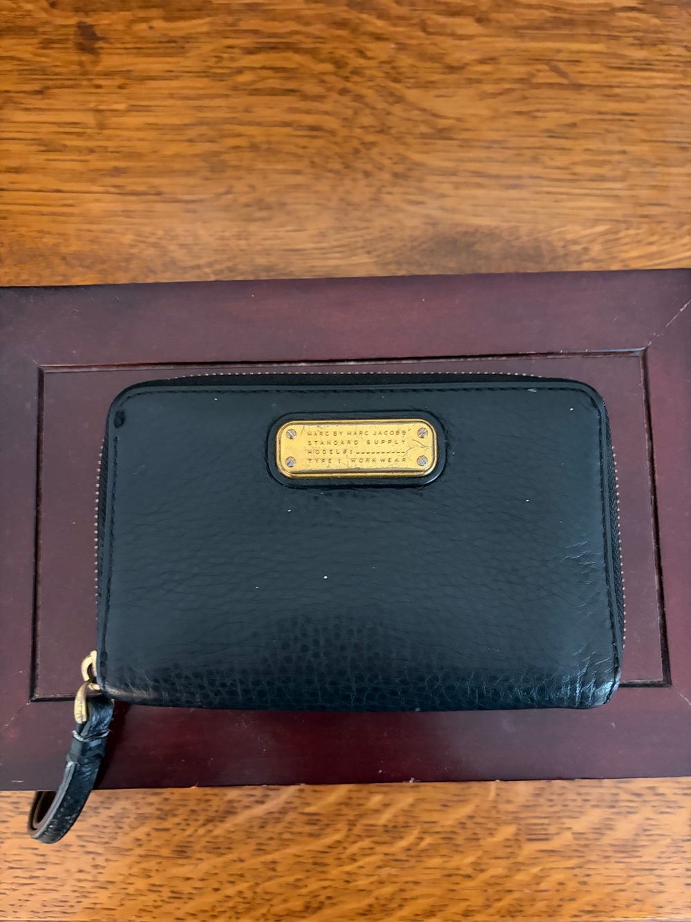 Marc by Marc Jacobs Black Leather Zip Wallet with Gold Logo Plate